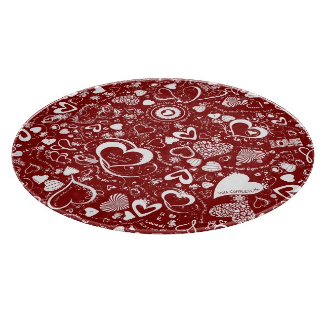 Heart Love Doodles Red-White-Round Cutting Board (Corner)