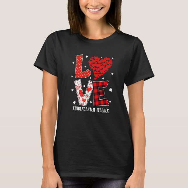 Heart Love Kindergarten Teacher Red Plaid Valentin T-Shirt (Front)