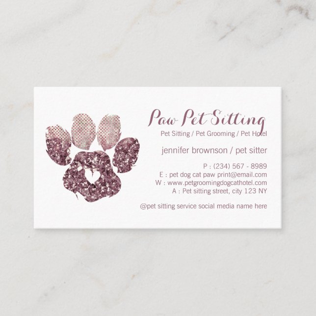 Heart Love Quartz Pet Sitter Grooming Paw Business Card (Front)