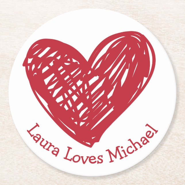 Heart Love Red White Wedding Party Bridal Shower Round Paper Coaster (Front)