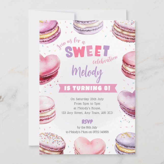 Heart Macaron Birthday Invite Sweet Celebration (Front)