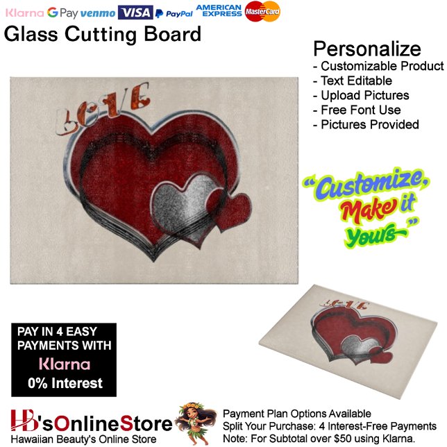 Heart Magic Beige Glass Cutting Board 38.1x27.9cm (Love Heart Beige Cooking Glass Cutting Board.)