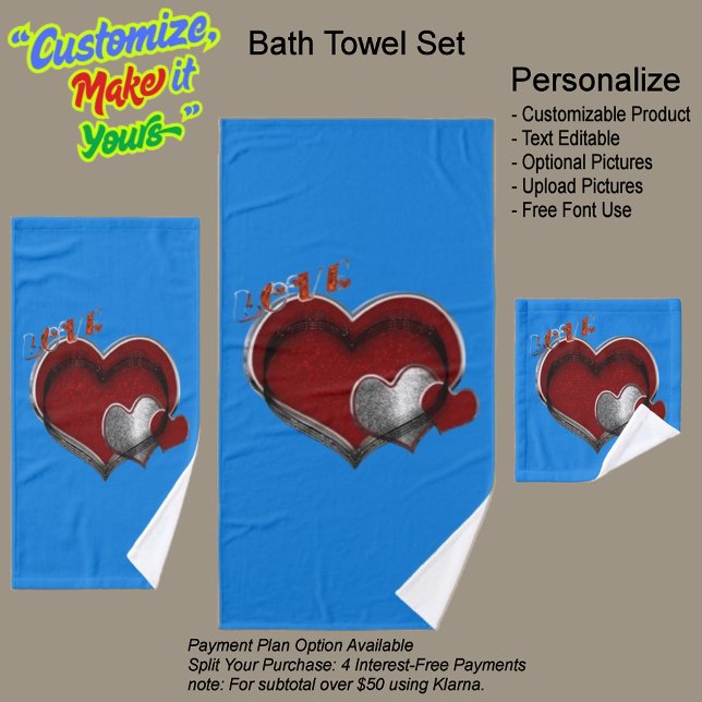 Heart Magic Blue Towel Set (Heart Magic Bathroom Towel Set Featuring a Blue Background.)