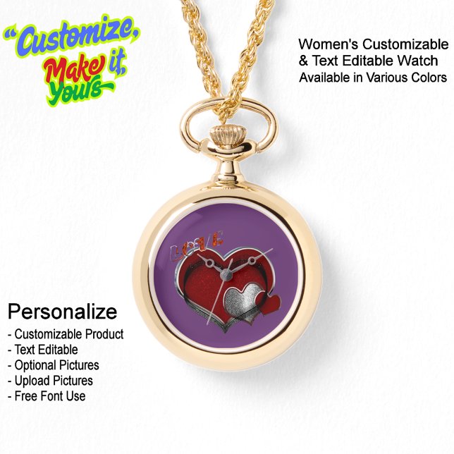 Heart Magic Gold Necklace Watch Purple Face (Women's Heart Magic Gold Necklace Watch Featuring a Purple Face.)
