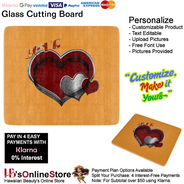 Heart Magic Orange Glass Cutting Board 15.2x17.8cm (Love Heart Orange Cooking Kitchen Glass Cutting Board.)