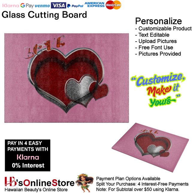 Heart Magic Pink Glass Cutting Board 38.1x27.9cm (Love Heart Pink Cooking Glass Cutting Board.)