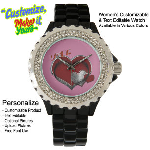 Heart Magic Pink Rhinestone Black Enamel Watch