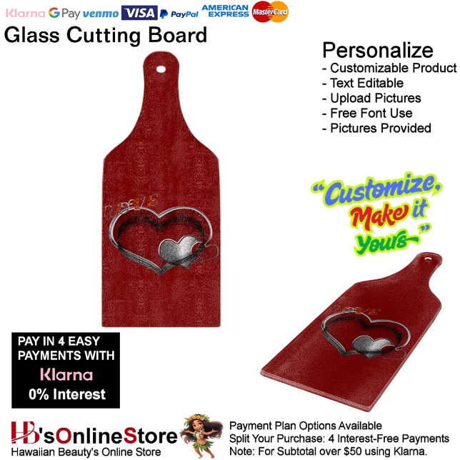 Heart Magic Red Glass Cutting Board Paddle (Love Heart Red Cooking Kitchen Glass Cutting Board.)