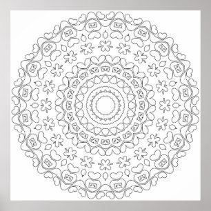 Heart Mandala Colouring Page with Floral Pattern Poster