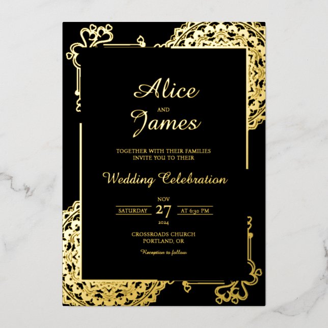 Heart Mandala Frame Black Gold Foil Indian Wedding (Front)