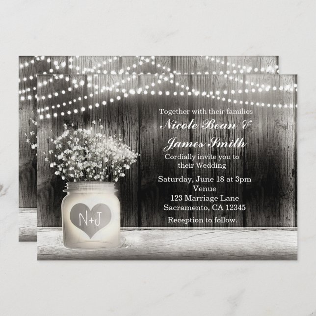 Heart Mason Jar & Baby's Breath Rustic Invitations (Front/Back)