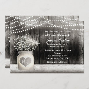 Heart Mason Jar & Baby's Breath Rustic Invitations