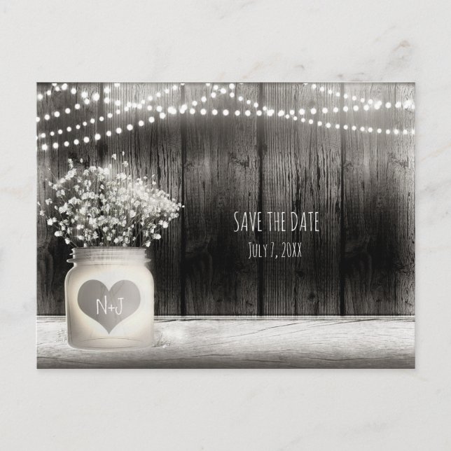 Heart Mason Jar & Baby's Breath Rustic Save Date Announcement Postcard (Front)