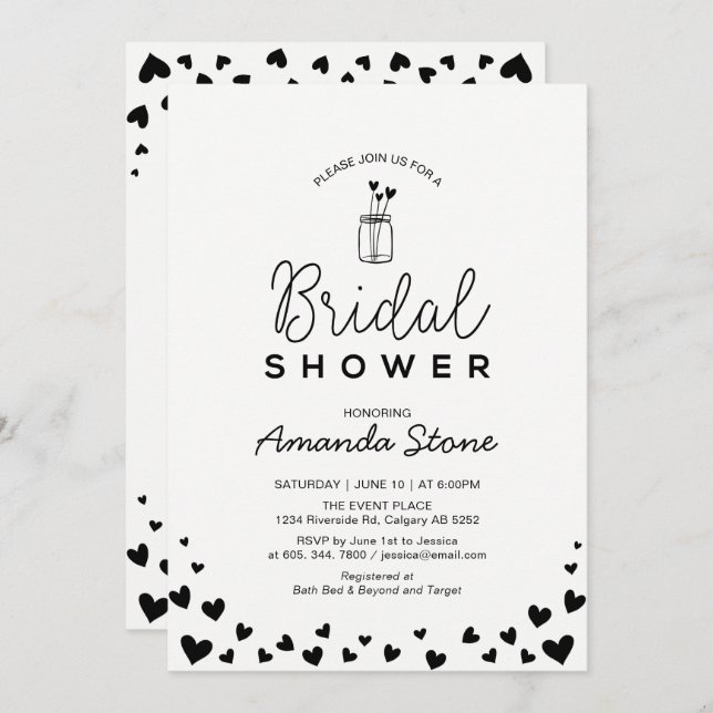 Heart & Mason Jar Chic Black Bridal Shower Invitation (Front/Back)