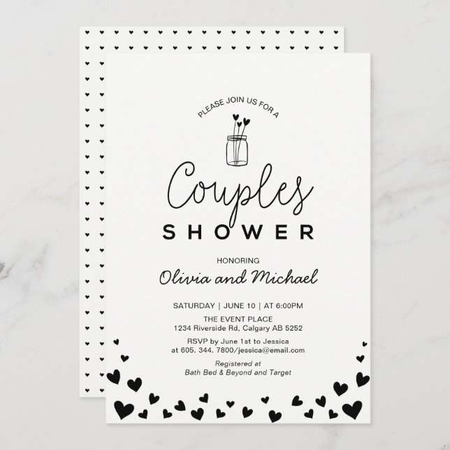 Heart, Mason Jar_Chic Black Couples Wedding Shower Invitation (Front/Back)