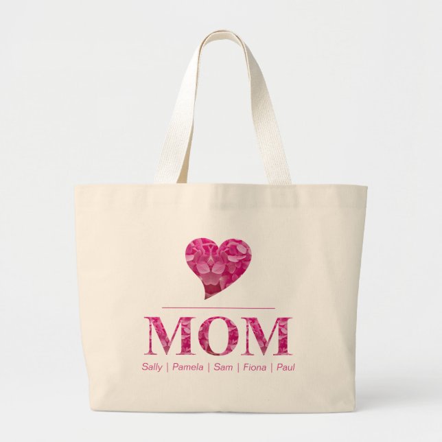 Heart MOM Pink Floral Cute Personalised Names Large Tote Bag (Front)