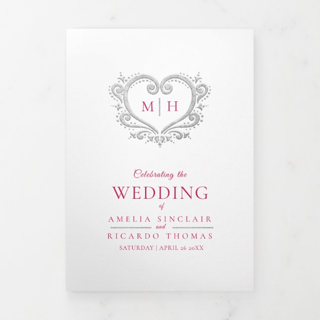 Heart monogram art photo wedding program Tri-Fold programme (Cover)