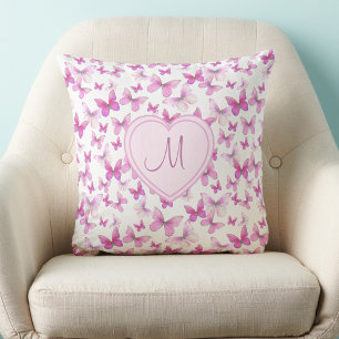 Heart Monogram Cute Pink Butterfly Cushion
