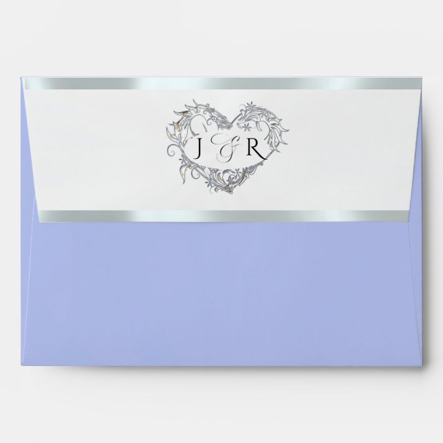 Heart Monogram & Flower- Blue/Silver Wedding Envelope (Back (Top Flap))