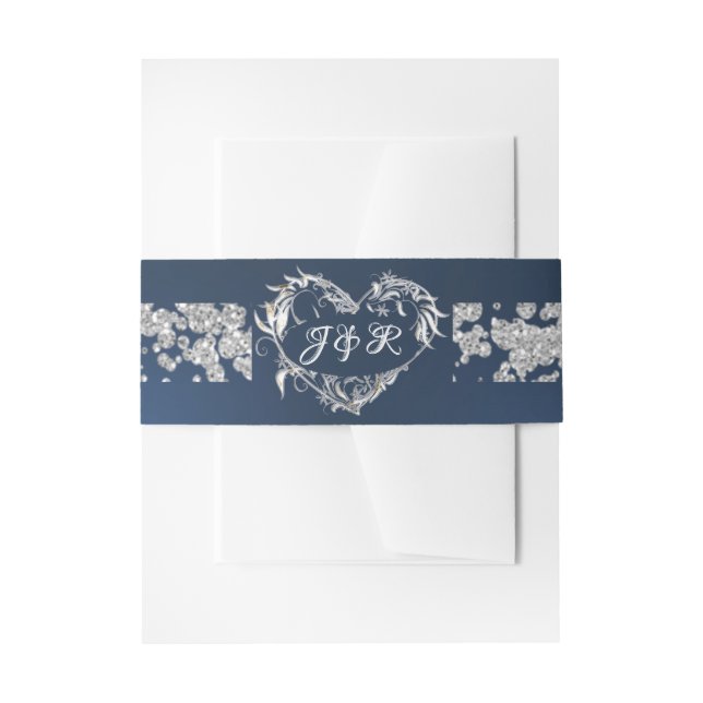 Heart Monogram & Glitter on Blue Invitation Belly Band (Front Example)