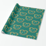 Heart monogram gold on dark green wedding wrapping paper<br><div class="desc">Golden affect heart monogram art on emerald dark green gift wrapping paper. Heart wreath design encasing your own couples monogram initials in gold and white on a dark green or change to your own colour choice. Other colours and matching items are available. © Original leaf drawing and design by Sarah...</div>