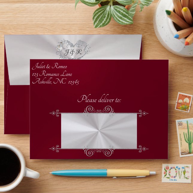 Heart & Monogram on Burgundy Wedding Envelope (Desk)