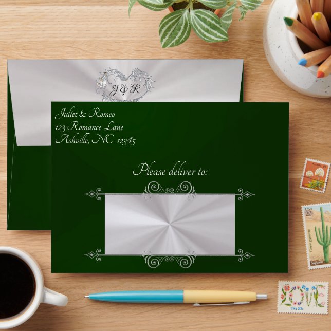 Heart & Monogram on Emerald Wedding Envelope (Desk)