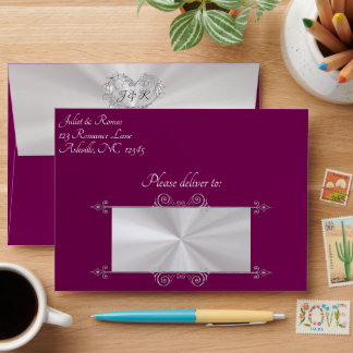 Heart & Monogram on Plum Wedding Envelope