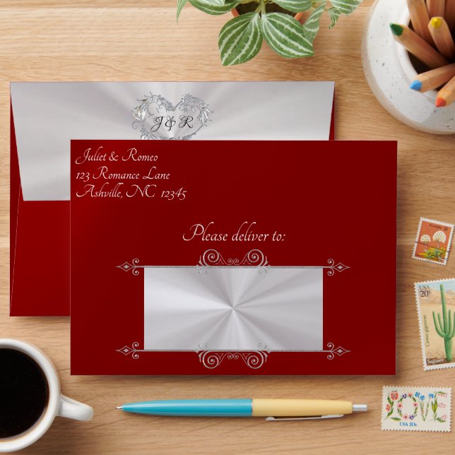 Heart & Monogram on Red Wedding Envelope (Desk)