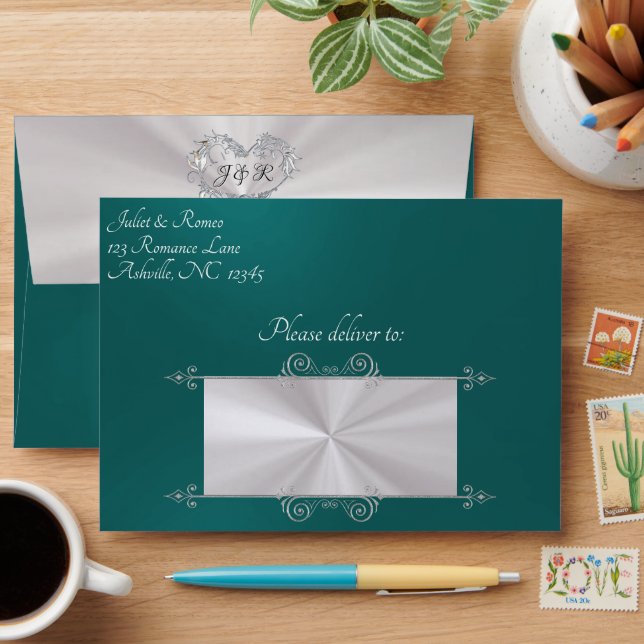 Heart & Monogram on Teal Wedding Envelope (Desk)