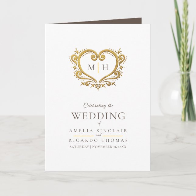Heart monogram photo gold brown wedding program programme (Front)