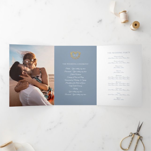 Heart monogram photo gold dusty blue wedding Tri-Fold programme (Inside)