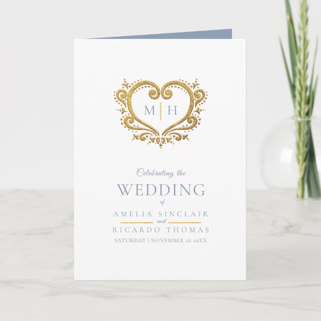 Heart monogram photo gold grey blue wedding programme (Front)
