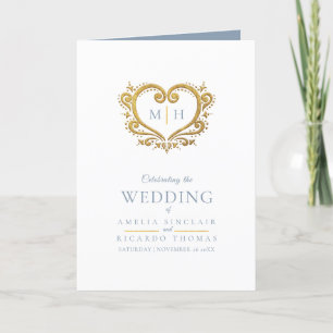 Heart monogram photo gold grey blue wedding programme
