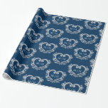 Heart monogram silver on dark blue wedding wrapping paper<br><div class="desc">Silver effect heart monogram art on Prussian dark blue gift wrapping paper. Heart wreath design encasing your own couples monogram initials in silver and white on a blue or change to your own colour choice. Other colours and matching items are available. © Original decorative heart graphics and design by Sarah...</div>