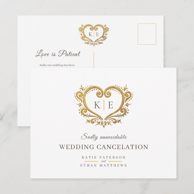 Heart monogram wedding cancellation gold brown ann announcement postcard (Front/Back)