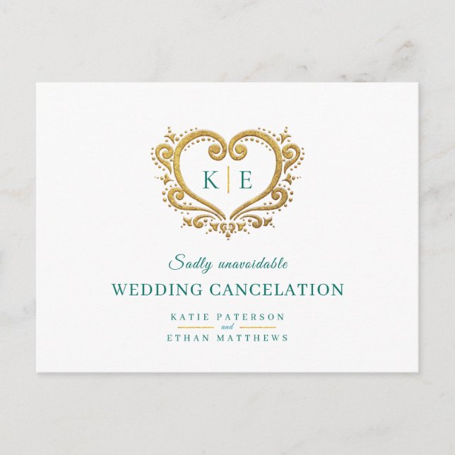 Heart monogram wedding cancellation gold green announcement postcard (Front)