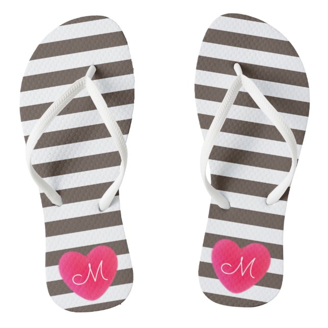 Heart Monogram with Brown and White Stripes Jandals (Footbed)
