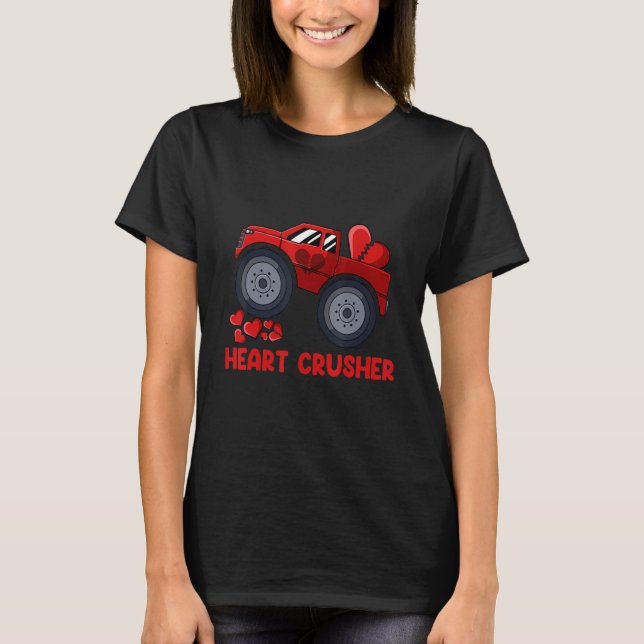 Heart Monster Truck Crusher Valentines Day Cute Bo T-Shirt (Front)