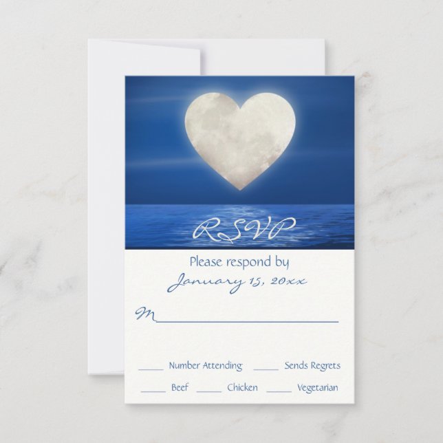 Heart Moon Over Water Beach Wedding RSVP Card (Front)