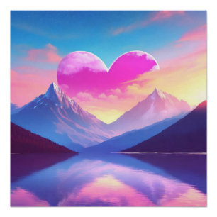 Heart & Mountain Sunset Landscape Art Poster