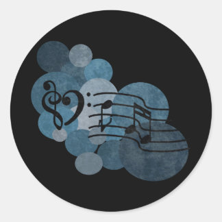 Heart music clefs and blue polka dots classic round sticker