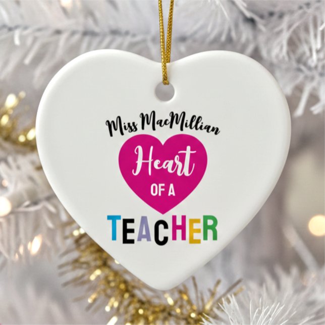 Heart of a Teacher Gift Pink Black Script Ceramic Tree Decoration (Creator Uploaded)