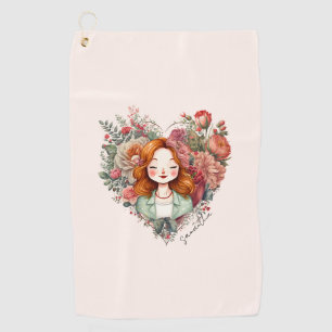 Heart of Blooms - Woman Framed in Floral Heart Golf Towel