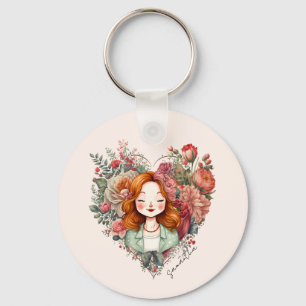Heart of Blooms - Woman Framed in Floral Heart Key Ring