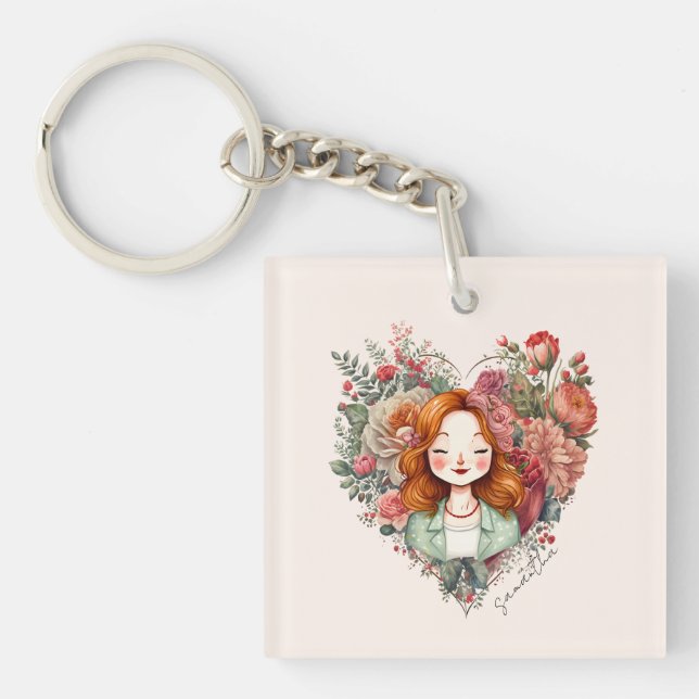 Heart of Blooms - Woman Framed in Floral Heart Key Ring (Front)