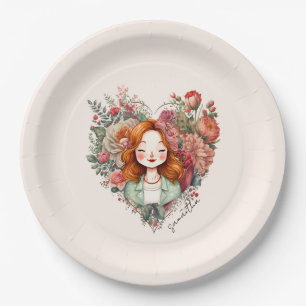 Heart of Blooms - Woman Framed in Floral Heart Paper Plate