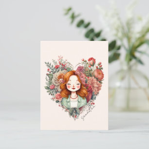 Heart of Blooms - Woman Framed in Floral Heart Postcard