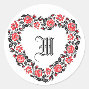 Heart of cross-stitch red rose flowers Monogram Classic Round Sticker