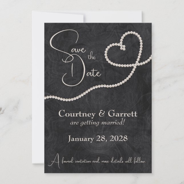 Heart of Pearls on Black Wedding Save The Date (Front)